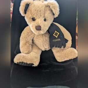 Fossil Beige Teddy Bear with Black Logo Scarf